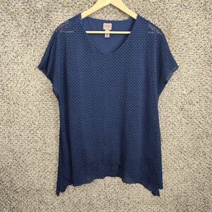 Chicos Easywear Top Womens 1 US Medium Blue V Neck Blouse Stretch‎ Ladies Casual